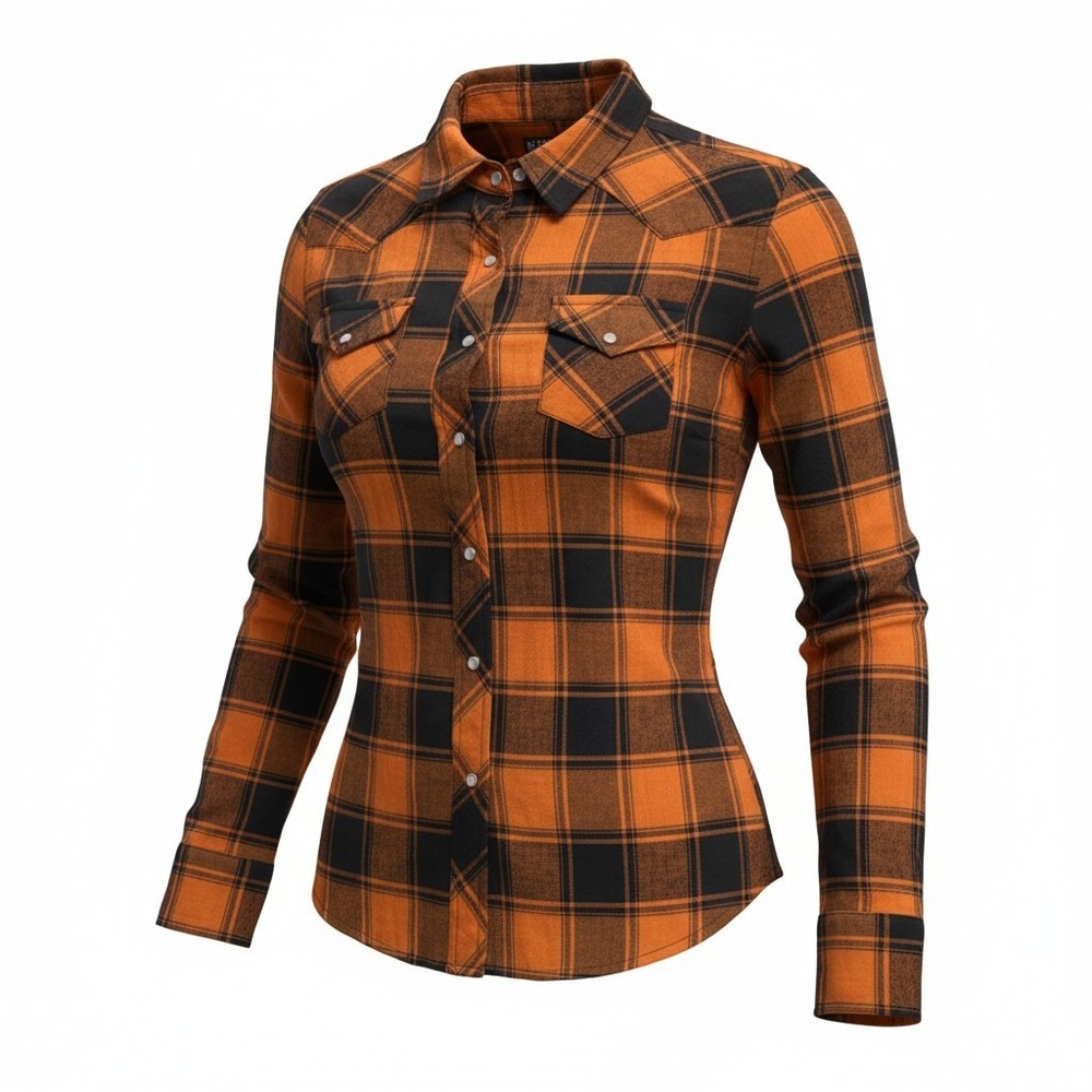 Western Plaid Flannel Casual Country Outfitters Women L Orange Black Snap Button